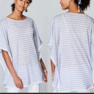 J.Jill 100% Linen White Blue Striped Poncho Top With fringe boho Lagenlook XS/S